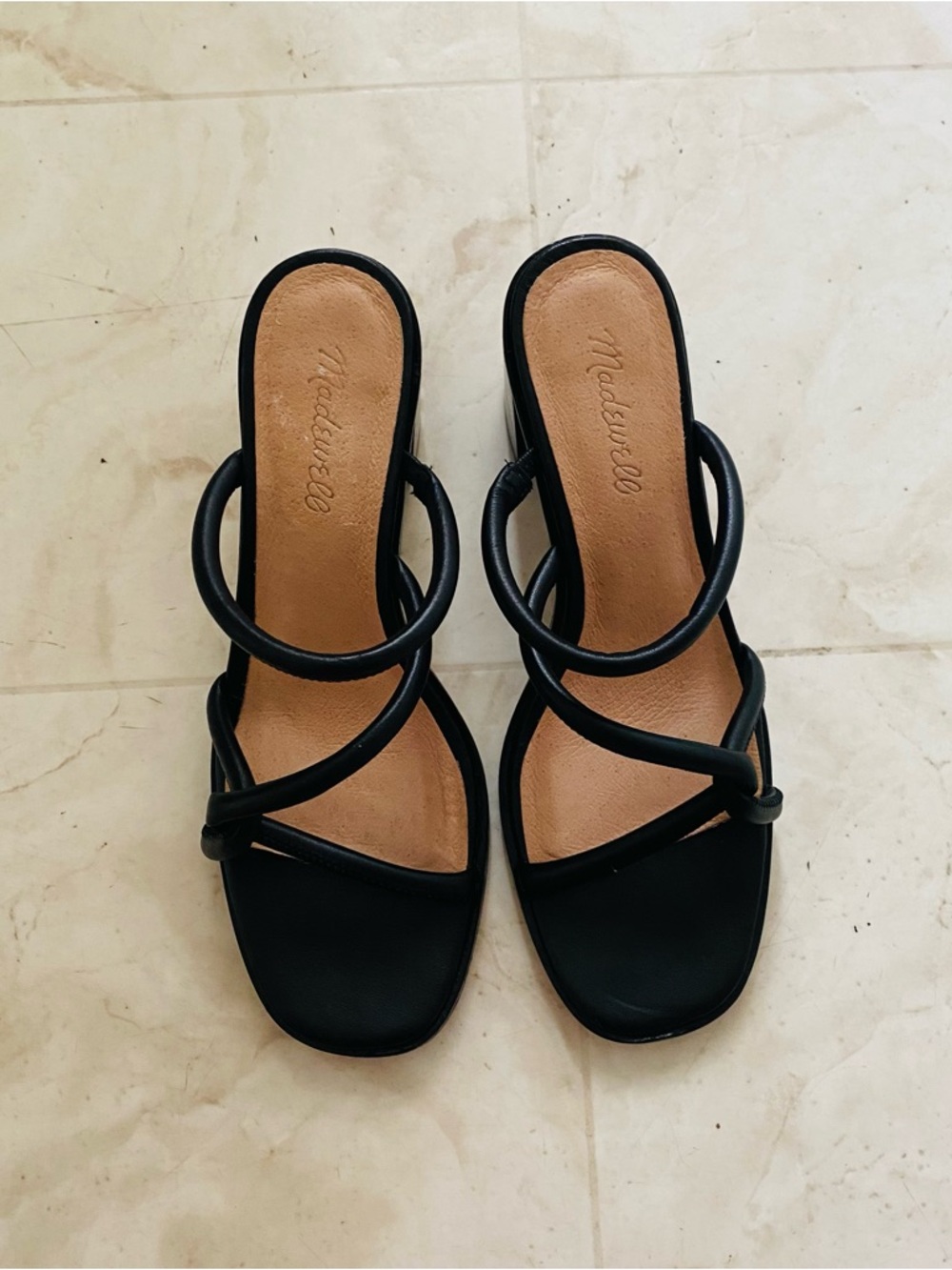 $138 Madewell Tayla Black Leather Block Heels Square Toe Slides Sandals Size 8.5 - Picture 5 of 14